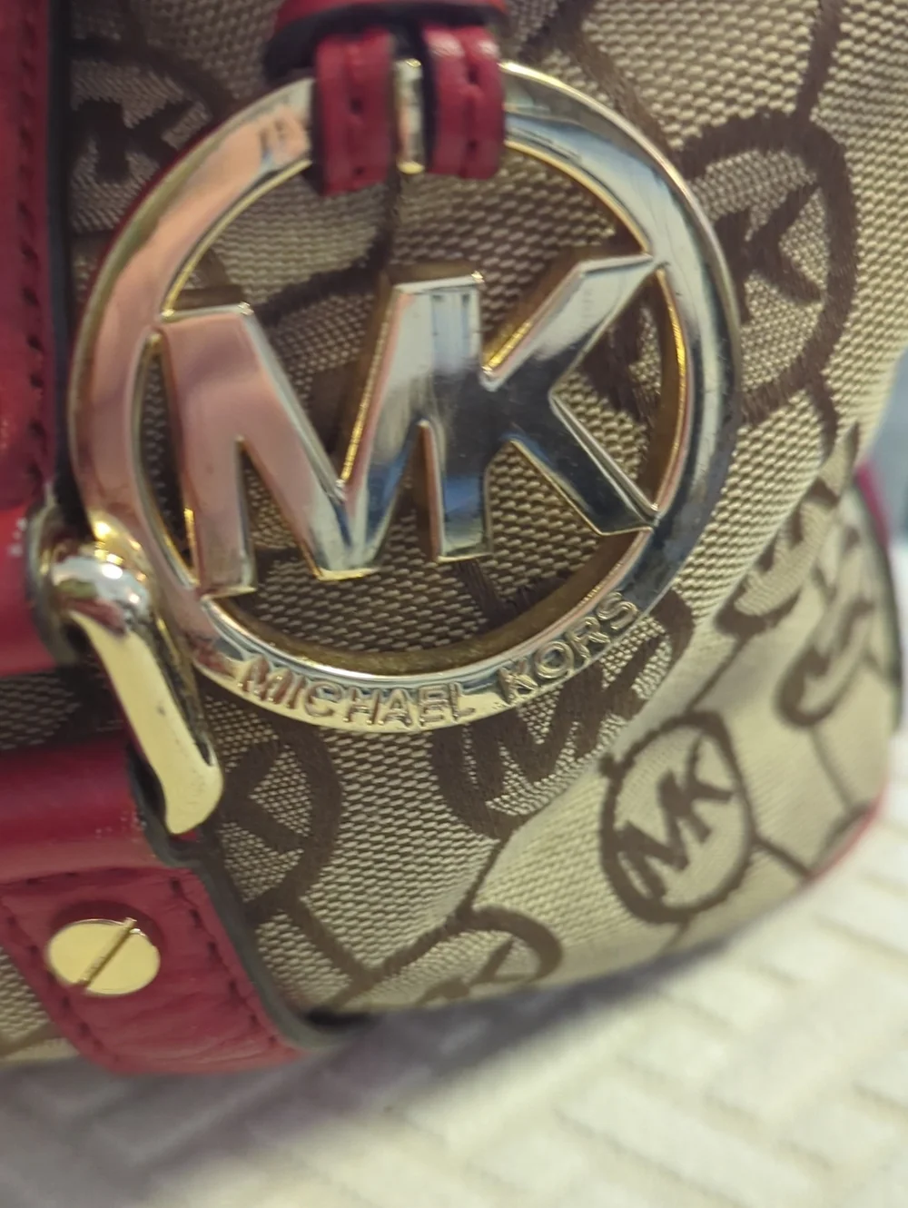 Michael Kors Jet Set Signature Logo Satchel in Brown with Red Trim